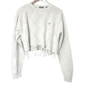 Vtg IZOD Grunge Y2K Distressed Knit Crop Raw Hem Sweater Top Beige Tan Womens L